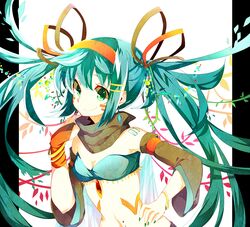  akibotann aqua_hair bad_id bad_pixiv_id bracelet bridal_gauntlets detached_sleeves female floating_hair green_eyes hand_on_own_hip hatsune_miku jewelry long_hair smile solo twintails very_long_hair vocaloid 