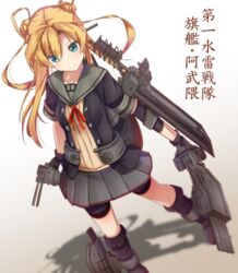  abukuma_(kancolle) abukuma_kai_ni_(kancolle) aircraft_catapult bike_shorts bike_shorts_under_skirt black_serafuku blonde_hair blue_eyes blurry commentary_request cuon_(kuon) depth_of_field double_bun female grey_skirt hair_between_eyes hair_bun hair_rings kantai_collection long_hair machinery neckerchief pleated_skirt sailor_collar school_uniform serafuku shadow simple_background skirt smile solo standing translated twintails white_background 