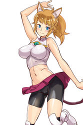  animal_ears ass_visible_through_thighs bad_id bad_pixiv_id bare_shoulders bike_shorts black_legwear blue_eyes blush_stickers boots breasts cameltoe cat_ears cat_tail commentary cosplay female gundam gundam_build_divers gundam_build_fighters hoshino_fumina large_breasts looking_at_viewer midriff momo_(gundam_build_divers) momo_(gundam_build_divers)_(cosplay) navel ontaros photoshop_(medium) ponytail shirt sidelocks simple_background skin_tight sleeveless sleeveless_shirt smile tail thigh_boots thighhighs thighhighs_under_boots white_background white_footwear 