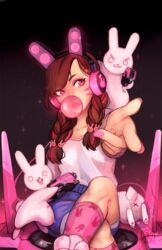  :d alternate_costume alternate_hairstyle animal animal_ear_headphones animal_ears animal_print artist_name black_background blowing_bubbles blue_shorts boots braid brown_hair chewing_gum collarbone commentary d.va_(overwatch) english_commentary facial_mark fake_animal_ears female foreshortening gun hair_ornament headphones highres holding holding_gun holding_weapon knee_boots kneehighs long_hair mecha meka_(overwatch) nail_polish open_mouth outstretched_arm overwatch overwatch_1 pink_nails pink_socks pointing pointing_at_viewer rabbit rabbit_ear_headphones rabbit_ears rabbit_hair_ornament rabbit_print red_eyes robot sangcoon shirt shorts simple_background sitting sleeveless smile socks solo speaker swept_bangs tank_top transparent twin_braids v-shaped_eyebrows weapon whisker_markings white_footwear white_shirt 