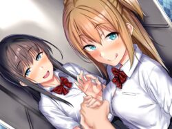  2girls aoi_tiduru black_hair black_skirt blonde_hair blue_eyes blurry blush bow bowtie breasts closed_mouth collared_shirt commentary_request depth_of_field dress_shirt dutch_angle hair_between_eyes holding_hands indoors long_hair looking_at_viewer medium_breasts multiple_girls naughty_face ok_sign open_mouth original pleated_skirt red_bow red_bowtie school_uniform shirt sidelocks skirt standing tongue tongue_out white_shirt 