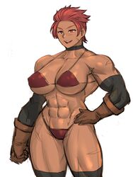  abs bikini breasts cleavage elbow_gloves eyebrows female female gloves kisuu large_breasts muscle muscular_female red_eyes red_hair scar smile solo thong 