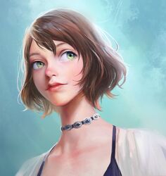  black_straps blue_background choker closed_mouth commentary_request eyelashes female green_eyes hair_between_eyes highres light_smile lips looking_to_the_side nababa nose original portrait realistic red_lips shirt shirt_straps short_hair solo white_shirt 