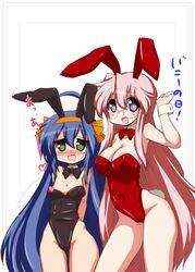  2girls ahoge animal_ears bad_id bad_twitter_id bare_hips bare_legs black_leotard blue_hair blush bow bowtie breasts cleavage drooling glasses groin hair_ribbon hairband hip_bones izumi_konata large_breasts leotard long_hair lucky_star mizushima_(p201112) mole mole_under_eye multiple_girls open_mouth pink_hair playboy_bunny purple_eyes rabbit_ears red_leotard ribbon saliva simple_background small_breasts strapless strapless_leotard takara_miyuki trim_marks very_long_hair white_background 