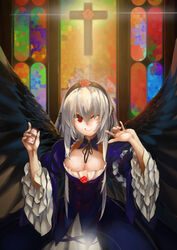  ;q breasts cleavage commentary_request cross detached_collar dress female flower frills gothic_lolita grey_hair hairband large_breasts lens_flare lolita_fashion lolita_hairband long_hair one_eye_closed orokanahime red_eyes rose rozen_maiden smile solo stained_glass suigintou tongue tongue_out wings yakult 