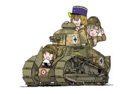  3girls adrian_helmet anyan_(jooho) caterpillar_tracks club_(shape) commentary_request food france french_army ft-17 helmet koizumi_hanayo korean_commentary kosaka_honoka love_live! love_live!_school_idol_project military military_uniform military_vehicle minami_kotori motor_vehicle multiple_girls onigiri open_mouth printemps_(love_live!) rice short_hair tank uniform weapon 