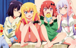  &gt;:d 4girls :3 :d :o absurdres ahoge barefoot bat_hair_ornament blonde_hair blue_eyes blue_legwear blush bread breasts cleavage closed_eyes controller detexted dress dualshock eating eyebrows_visible_through_hair feet food gabriel_dropout game_controller gamepad girl_sandwich hair_ornament hair_rings highres holding holding_food kurumizawa_satanichia_mcdowell lavender_hair long_hair looking_at_viewer magazine_scan melon_bread multiple_girls oerba_yun_fang official_art open_mouth panties photoshop pink_panties playing_games promotional_art purple_hair red_eyes red_hair sandwiched scan school_uniform shiraha_raphiel_ainsworth short_hair silver_hair sitting sleeping sleeping_on_person small_breasts smile soles striped striped_panties tenma_gabriel_white thighhighs toes towel towel_on_head tsukinose_vignette_april underwear watanabe_mai yellow_eyes zettai_ryouiki 