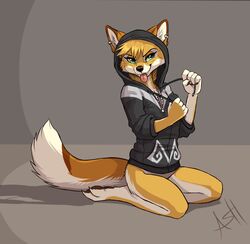  2014 anthro ash_fox_(skeleion) bottomless canid canine clothed clothing ear_piercing fangs female fox fur green_eyes hi_res hindpaw hoodie kneeling mammal pawpads paws piercing skeleion smile solo swift_fox tan_body tan_fur teeth tongue tongue_out topwear true_fox white_body white_fur 