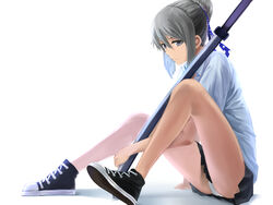  absurdres commentary female grey_eyes grey_hair hair_bun hair_ribbon highres katana legs original panties pantyshot pleated_skirt ribbon shoes single_hair_bun sitting skirt sneakers solo sword takamitsu-kun underwear weapon white_panties 