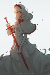  breasts brown_eyes capelet commentary dress female fennel_(momodora) hairband holding holding_sword holding_weapon koyorin long_dress long_hair momodora:_reverie_under_the_moonlight photoshop_(medium) small_breasts solo sword watermark weapon web_address white_dress white_hair 