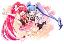  2girls :d aino_megumi bad_id bad_pixiv_id black_thighhighs blue_bow blue_eyes blue_hair blue_skirt boots bow bowtie brooch copyright_name crown crown_bow cure_lovely cure_princess frills full_body gold_crown hair_ornament happinesscharge_precure! heart heart_brooch heart_hair_ornament high_ponytail jewelry long_hair magical_girl mini_crown multiple_girls natsumi_(natumi06) necktie one_eye_closed open_mouth pink_bow pink_eyes pink_hair pink_skirt pointed_crown pointing ponytail precure shirayuki_hime shoes skirt smile thigh_boots thighhighs twintails white_legwear wide_ponytail zettai_ryouiki 