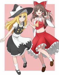  2girls anime_coloring apron arice-spead-21 armpits bare_shoulders black_legwear blonde_hair bow braid brown_eyes brown_hair commentary_request crop_top detached_sleeves grin hair_tubes hairbow hakurei_reimu hat hat_bow highres holding_hands kirisame_marisa long_hair long_sleeves looking_at_viewer midriff multiple_girls navel open_mouth pink_background puffy_sleeves shirt short_sleeves single_braid skirt skirt_set smile socks standing touhou v waist_apron white_background white_bow witch_hat 