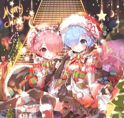  2girls :o :q b_rock bad_id bad_pixiv_id black_dress black_gloves black_thighhighs blue_eyes blue_hair blush boots bow christmas closed_mouth commentary dress elbow_gloves english_text fingerless_gloves fur_trim gift gloves hair_ornament hair_over_one_eye hat maid_headdress merry_christmas multiple_girls pink_eyes pink_hair ram_(re:zero) re:zero_kara_hajimeru_isekai_seikatsu red_footwear red_hat rem_(re:zero) ribbon santa_boots santa_hat short_hair siblings sisters smile snowman thighhighs tongue tongue_out twins x_hair_ornament 