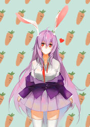  :3 animal_ears blazer breasts carrot commentary_request female heart heart-shaped_pupils jacket large_breasts long_hair necktie off_shoulder orokanahime pleated_skirt purple_hair rabbit_ears red_eyes reisen_udongein_inaba skirt solo symbol-shaped_pupils thighhighs touhou very_long_hair white_thighhighs zettai_ryouiki 