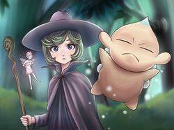  1boy 2girls :o bad_id bad_pixiv_id bandelia berserk blank_stare chibi evarella_(berserk) fairy forest green_hair hat looking_at_another multiple_girls nature open_mouth parted_bangs puck_(berserk) purple_eyes schierke_(berserk) short_hair staff witch witch_hat 