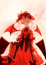  alternate_costume backlighting bat_wings closed_eyes commentary_request dress female harrymiao hat highres mob_cap moon puffy_sleeves remilia_scarlet ribbon short_hair short_sleeves skirt_hold solo touhou wings wrist_cuffs 