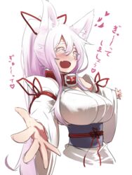  ^_^ animal_ears bare_shoulders blush breasts closed_eyes collar colored_eyelashes detached_sleeves duplicate female fox_ears hair_ribbon japanese_clothes large_breasts long_hair obi oerba_yun_fang open_mouth original outstretched_arms pixel-perfect_duplicate ponytail ribbon sakura_inu sash simple_background smile solo spread_arms translated very_long_hair white_background white_hair 