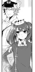  1boy admiral_(kancolle) admiral_arisugawa bad_id bad_twitter_id commentary_request crown female greyscale hair_ribbon hat jewelry kantai_collection magatama monochrome nagomi_(mokatitk) one_eye_closed peaked_cap ribbon ring ryuujou_(kancolle) twintails 