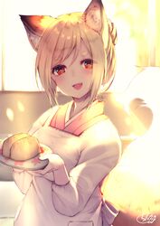  :d animal_ear_fluff animal_ears apron backlighting blush breasts brown_hair chita_(ketchup) commentary day female fingernails food fox_ears fox_girl fox_tail hair_between_eyes head_tilt highres holding holding_plate inari indoors japanese_clothes kappougi kimono long_sleeves looking_at_viewer medium_breasts open_mouth original pink_kimono plate red_eyes short_eyebrows signature smile solo sunlight tail tail_raised thick_eyebrows upper_body white_apron window 