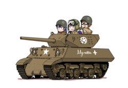  3girls anyan_(jooho) caterpillar_tracks combat_helmet commentary_request flower goggles helmet hoshizora_rin korean_commentary lily_(flower) lily_white_(love_live!) love_live! love_live!_school_idol_project m10_tank_destroyer m1_helmet military military_uniform military_vehicle motor_vehicle multiple_girls open_mouth short_hair sonoda_umi star_(symbol) tank tank_destroyer tojo_nozomi uniform weapon world_war_ii 