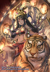  animal arms_up bare_shoulders barefoot beads black_hair bow_(weapon) breasts commentary_request dark-skinned_female dark_skin earrings extra_arms facial_mark female forehead_mark gem glint green_eyes hands_up headwear_request hindu_mythology holding holding_bow_(weapon) holding_weapon jewelry kali_(mythology) long_hair looking_at_viewer medium_breasts moeru!_jiten navel official_art open_mouth polearm prayer_beads red_eyes red_skirt renka_(renkas) riding scepter sitting skirt soles solo tiger translation_request trident vajra_(object) very_long_hair watermark weapon web_address 