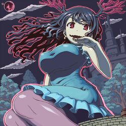  :d barrel black_hair blue_dress breasts castle cloud commentary_request covered_nipples dress earrings female full_moon giant giantess horns jewelry jinrai_(owl12) large_breasts long_hair looking_at_viewer looking_down lubella momodora:_reverie_under_the_moonlight moon night night_sky ojou-sama_pose open_mouth pantyhose purple_pantyhose red_eyes red_moon sitting sky sleeveless sleeveless_dress smile solo tree 