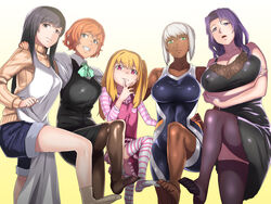  5girls :3 absurdres apron bare_shoulders black_eyes black_hair blonde_hair blue_eyes breasts cleavage curly_hair dark_skin erect_nipples feet green_eyes grin housewife large_breasts legs long_hair looking_at_viewer looking_down multiple_girls office_lady open_mouth orange_hair pantyhose purple_eyes purple_hair red_eyes sheer_legwear short_hair silver_hair socks soles striped_legwear turtleneck 