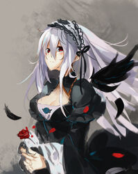  breasts cleavage commentary_request dress female flower frown gothic_lolita hairband highres lolita_fashion lolita_hairband long_hair medium_breasts orokanahime petals photoshop_(medium) red_eyes rose rozen_maiden simple_background solo suigintou tears white_hair wings 