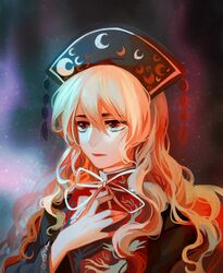  black_dress chinese_clothes commentary_request dress female harrymiao hat highres junko_(touhou) lips long_hair long_sleeves looking_away orange_hair solo tabard touhou turtleneck upper_body wavy_hair wide_sleeves 