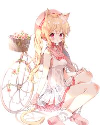  animal_ears b_rock bad_id bad_pixiv_id bicycle blonde_hair blush cat_ears cat_tail choker dress female flower hat highres long_hair looking_at_viewer original pink_flower pink_footwear pink_hat pink_sailor_collar pink_skirt red_choker red_eyes sailor_collar sailor_dress shoes short_dress simple_background sitting skirt socks solo tail twintails white_background white_dress white_socks 