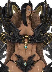  abs blue_eyes breasts coat commentary_request dark-skinned_female dark_skin earrings female fur_coat hair_over_one_eye highres jewelry large_breasts long_hair looking_at_viewer madarame o-ring o-ring_top original parted_lips pointy_ears skindentation solo 