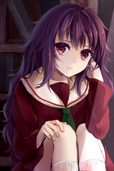  brown_eyes commentary_request female highres kirisame_ga_furu_mori long_hair looking_at_viewer messy_hair puracotte purple_hair sakuma_miyako school_uniform serafuku sitting 