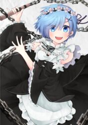  :d black_ribbon blue_eyes blue_hair blush breasts chains commentary_request detached_collar detached_sleeves eyebrows female hair_ornament holding holding_weapon maid maid_headdress medium_breasts misora_deco open_mouth pinky_out re:zero_kara_hajimeru_isekai_seikatsu rem_(re:zero) ribbon ribbon-trimmed_sleeves ribbon_trim roswaal_mansion_maid_uniform short_hair silhouette smile solo v-shaped_eyebrows weapon x_hair_ornament 