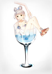  absurdres bendy_straw breasts brown_eyes cleavage cocktail commentary_request cup drinking_glass drinking_straw female full_body grey_hair hair_ribbon hair_rings high_heels highres ice ice_cube in_container in_cup knees_up looking_away looking_to_the_side luo_tianyi medium_breasts mini_person minigirl mouth_hold nude olive oversized_object ribbon shoes simple_background sitting socks solo tadatsu tress_ribbon vocaloid vsinger wet white_background wine_glass 