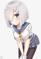  blue_eyes blush breasts closed_mouth collarbone commentary_request female gloves grey_background grey_hair hair_ornament hair_over_one_eye hairclip hamakaze_(kancolle) hands_on_legs highres kantai_collection large_breasts leaning_forward nayuhi_(yukimuu14) pantyhose school_uniform serafuku short_hair short_sleeves signature solo white_gloves white_hair 