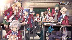  5girls 6+boys absurdres ahoge alisa_reinford arm_around_shoulder bag bell belt black_footwear black_hair blonde_hair blue_bow blue_eyes blue_hair blue_neckwear book boots bow bowtie braid breasts brown_footwear brown_hair brown_legwear card celine_(sen_no_kiseki) chair chalkboard chess_piece chessboard classroom cleavage closed_eyes coat collar collared_shirt copyright_name cross-laced_footwear crossed_legs crow_armbrust day desk dress eiyuu_densetsu elliot_craig emma_millstein feather_hair_ornament feathers feline fie_claussell food gaius_worzel glasses green_bow green_eyes green_hair green_neckwear grey_hair hair_between_eyes hair_ornament hair_ribbon hairband hairbow hand_on_own_cheek hand_on_own_face headband highres indoors jusis_albarea large_breasts laura_s._arseid long_sleeves looking_at_another looking_at_viewer machias_regnitz medium_breasts miniskirt mishy multiple_boys multiple_girls neck_bell necktie notebook official_art official_wallpaper on_desk orange_eyes orange_hair pants plaid plaid_skirt plastic_bag playing_card ponytail puffy_long_sleeves puffy_sleeves purple_eyes purple_hair rean_schwarzer red_eyes red_hair ribbon sara_valestein school_uniform scowl sen_no_kiseki shirt shoes short_dress sitting skirt small_breasts smile spiked_hair standing stuffed_animal stuffed_cat stuffed_toy sunlight tail tail_ornament tail_ribbon thigh_boots thighhighs thors_military_academy_class_vii_uniform turtleneck vest watermark window yellow_eyes 