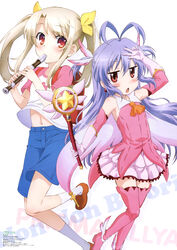  2girls absurdres alternate_hairstyle antenna_hair backpack bag blue_hair blush boots chestnut_mouth company_connection cosplay costume_switch cross crossover fate/kaleid_liner_prisma_illya fate_(series) flute gloves highres hirata_kazuya holding holding_flute holding_instrument holding_wand illyasviel_von_einzbern instrument legs magical_girl magical_ruby miyauchi_renge miyauchi_renge_(cosplay) multiple_girls non-web_source non_non_biyori nyantype official_art prisma_illya prisma_illya_(cosplay) raglan_sleeves randoseru recorder red_eyes season_connection shorts silver_link thigh_boots thighhighs twintails two_side_up v wand zettai_ryouiki 