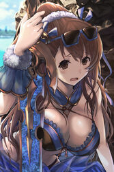  asymmetrical_bangs bare_shoulders beatrix_(granblue_fantasy) bikini blue_bikini blue_ribbon breasts brown_eyes brown_hair cleavage coffee1223 commentary_request day detached_collar eyewear_on_head female granblue_fantasy hair_between_eyes hair_ribbon highres large_breasts long_hair looking_at_viewer open_mouth outdoors ponytail ribbon sarong scrunchie solo sunglasses swimsuit sword weapon wrist_cuffs 