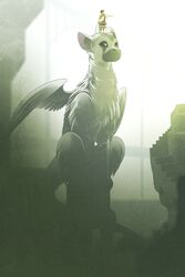  2:3 avian chimera duo feathered_wings feathers felid feline feral gryphon hi_res human hybrid japan_studio_(game_developer) mammal mythological_avian mythological_creature mythology rudragon sitting sony_corporation sony_interactive_entertainment tail the_boy_(the_last_guardian) the_last_guardian trico_(species) trico_(the_last_guardian) wings 