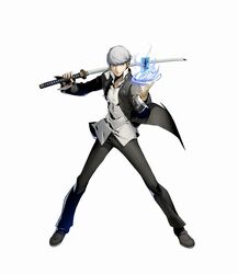  1boy black_footwear blazblue blazblue:_cross_tag_battle blue_fire fire full_body grey_eyes grey_hair highres higuchi_konomi katana legs_apart male_focus narukami_yuu official_art over_shoulder persona persona_4 school_uniform serious shoes solo sword sword_over_shoulder tarot tarot_(card) the_fool_(tarot) weapon weapon_over_shoulder yasogami_school_uniform 