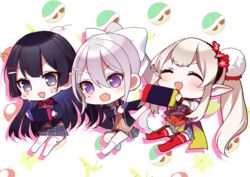  3girls :d ^_^ black_hair black_jacket blazer blue_jacket blush bow brown_cardigan cardigan chibi closed_eyes collared_shirt commentary_request elf elu_(1st_costume)_(nijisanji) elu_(nijisanji) grey_hair grey_skirt hair_between_eyes hair_ornament hairbow hairclip handheld_game_console high_ponytail high_side_ponytail highres higuchi_kaede higuchi_kaede_(1st_costume) holding holding_handheld_game_console jacket kneehighs light_brown_hair long_hair long_sleeves misumi_(macaroni) mole mole_under_eye multiple_girls necktie nijisanji no_shoes oerba_yun_fang open_clothes open_jacket open_mouth plaid plaid_skirt pleated_skirt pointy_ears ponytail purple_necktie red_legwear school_uniform shirt short_sleeves side_ponytail skirt smile socks soles sweat thighhighs tsukino_mito tsukino_mito_(1st_costume) turtle_shell v-shaped_eyebrows very_long_hair virtual_youtuber white_bow white_legwear white_shirt 