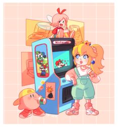  1boy 2girls absurdres against_glass alternate_costume arcade_cabinet arm_rest artist_name baseball_cap blonde_hair blue_eyes bob-omb casual closed_eyes closed_mouth commentary company_name contemporary crown cup drinking drinking_straw facial_hair fairy_wings full_body game_boy game_boy_(original) game_boy_advance_sp hand_up handheld_game_console hat head_fuse heart height_difference highres holding holding_cup invincible_candy kirby kirby_(series) long_sleeves looking_at_another luigi mario mario_(series) mario_bros. mini_person miniboy moustache multiple_girls nike_(company) nintendo nintendo_ds open_mouth overalls pink_hair ponytail poster_(object) princess_peach ribbon_(kirby) riu-sen shoes shorts sidestepper sitting smile sneakers standing sweater teeth upper_teeth_only wings 