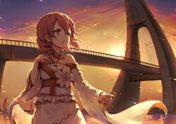  bare_shoulders braid bridge brown_hair commentary_request female flower hand_up haoni long_hair long_sleeves looking_to_the_side off_shoulder outdoors river sergestid_shrimp_in_tungkang single_braid sky solo standing sunset twilight wide_sleeves xuan_ying 