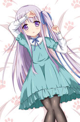  arm_on_own_head arm_up bed black_pantyhose blue_dress chinese_commentary commentary_request dress female gotou_jun highres long_hair lying on_back one_side_up open_mouth pantyhose purple_eyes purple_hair ribbon solo tenshi_no_3p! very_long_hair xiaosamiao 