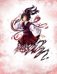  ;) aura black_hair blood blood_on_face bow breasts cloud commentary cropped_legs fading female fingernails fire gradient_hair hairbow hand_on_own_head headphones highres horns japanese_clothes kimono konngara_(touhou) looking_at_viewer multicolored_hair muutzi obi one_eye_closed pointy_ears ponytail red_ribbon ribbon sash single_horn small_breasts smile smoke solo star_(sky) tassel touhou touhou_(pc-98) tsurime 