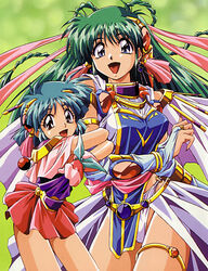  1990s_(style) 2girls aqua_hair archived_source arm_strap bad_id bad_link black_eyes blue_eyes braid bridal_gauntlets can_can_bunny cowboy_shot green_background green_hair hair_ornament long_hair multiple_girls o-ring o-ring_bottom o-ring_panties official_art open_mouth panties photoshop_(medium) retro_artstyle short_hair skirt swatty_(can_can_bunny) thigh_strap underwear white_panties 