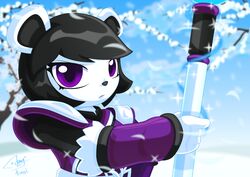  2017 5_fingers anthro arung98 bear black_clothing black_hair black_nose clothed clothing eyelashes female fingers freedom_planet fur galaxytrail giant_panda gloves hair handwear holding_object looking_at_viewer mammal neera_li purple_clothing purple_eyes round_ears shoulder_length_hair sky snow solo white_body white_clothing white_fur white_gloves white_handwear 