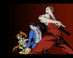  2boys ahoge aiguillette apollo_justice athena_cykes black_background black_hair blue_necktie brown_hair commentary_request female formal gloves gradient_background gyakuten_saiban high_ponytail letterboxed long_hair multiple_boys naruhodou_ryuuichi necktie over_zenith pants parody phoenix_wright:_ace_attorney_-_dual_destinies ponytail red_background red_pants single_glove skirt standing suit taro_nuts yellow_skirt 