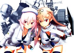  2girls 3d alternate_breast_size alternate_costume bad_id bad_pixiv_id beret black_legwear black_ribbon blonde_hair breasts cannon commentary_request hair_flaps hair_ornament hair_ribbon hairclip harusame_(kancolle) hat highres japan_maritime_self-defense_force japan_self-defense_force kantai_collection large_breasts long_hair mikumikudance_(medium) military multiple_girls phalanx_ciws pink_hair red_eyes ribbon rigging scarf side_ponytail sierra_(ws) skirt thighhighs white_hat white_scarf white_skirt yuudachi_(kancolle) yuudachi_kai_ni_(kancolle) 