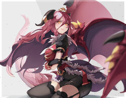  black_garter_straps black_skirt black_thighhighs blurry breasts closed_mouth commentary_request depth_of_field dragalia_lost embroidered_legwear embroidery fantasy female frilled_sleeves frills from_side garter_straps gold_trim horns kodamazon large_breasts lips long_hair looking_at_viewer looking_to_the_side mym_(dragalia_lost) pencil_skirt purple_wings red_hair short_sleeves skirt slit_pupils smile solo thighhighs wings yellow_eyes 